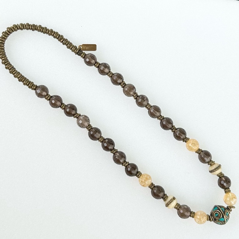 LOVEPRAY Stretch Necklace Choker with Smokey Quartz and Citrine Beads 15”